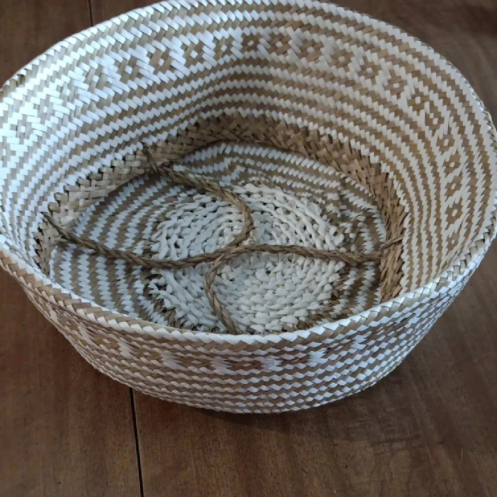 Woven Basket with Handles - Natural and White